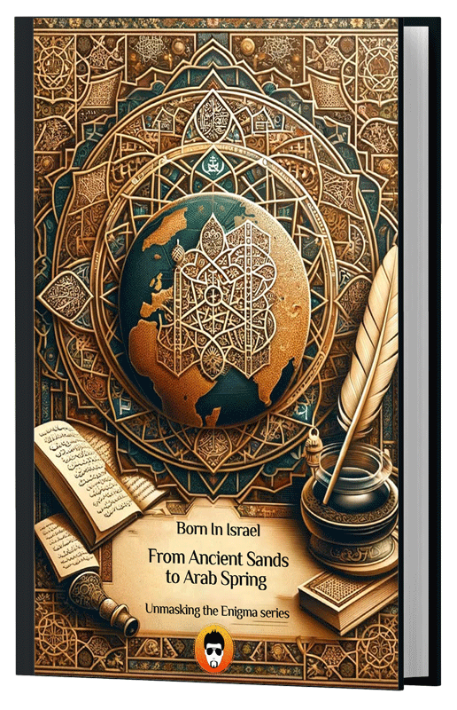 Elegant eBook cover featuring intricate Islamic geometric patterns in gold over a navy globe, with a feather quill and inkpot, symbolizing scholarly work. The title reads 'Born In Israel: From Ancient Sands to Arab Spring', part of the Unmasking the Enigma series.
