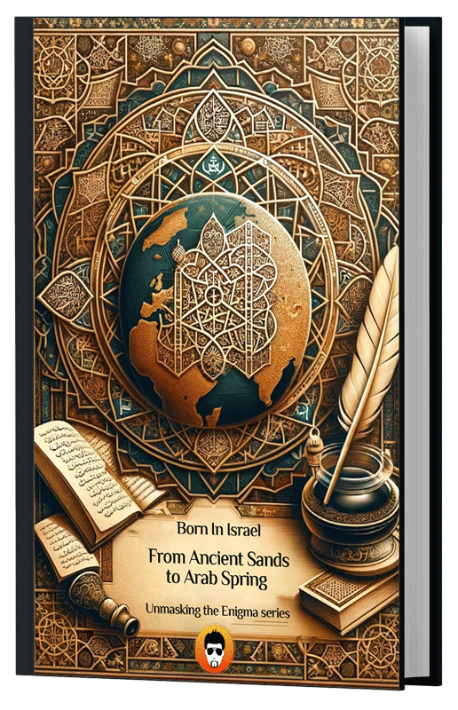 Elegant eBook cover featuring intricate Islamic geometric patterns in gold over a navy globe, with a feather quill and inkpot, symbolizing scholarly work. The title reads 'Born In Israel: From Ancient Sands to Arab Spring', part of the Unmasking the Enigma series.