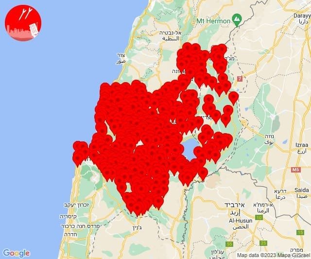 A map of Northern Israel with numerous red alert markers concentrated across the region, highlighting a state of emergency.