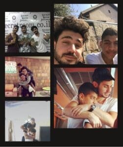 Collage of four photographs depicting moments of friendship and brotherhood. The images show young men in various settings: a group posing with an award, a selfie, a tender embrace, and a comforting hug.