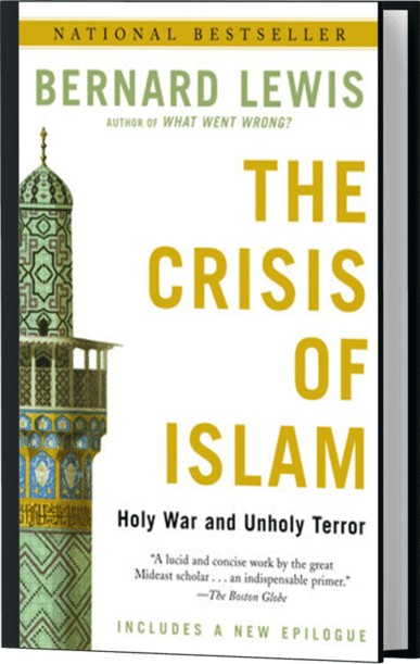 Book cover of 'The Crisis of Islam: Holy War and Unholy Terror' by Bernard Lewis, featuring an ornate minaret against a clean white background, with the title in bold yellow and green lettering.