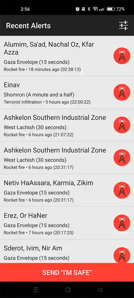 Screenshot of an alert system app showing recent security alerts for various locations in Israel, including times and types of incidents such as rocket fire and terrorist infiltration.