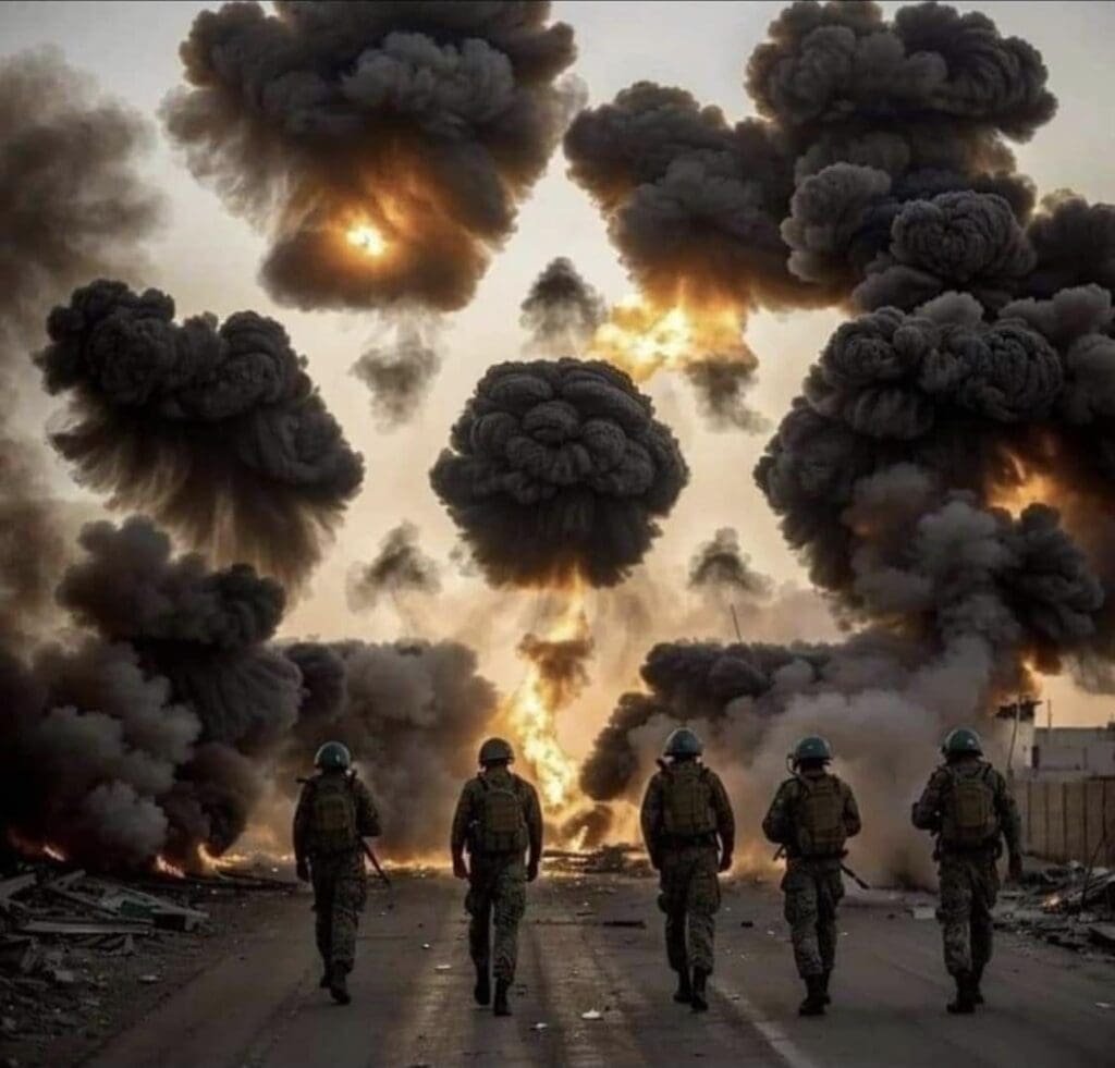 IDF soldiers advancing amidst massive explosions during the war in Israel.