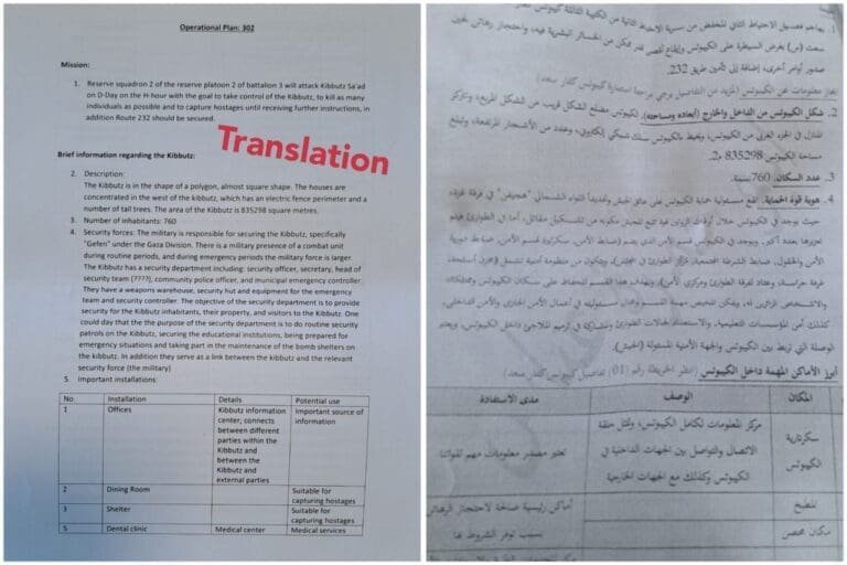 Documents in English and Arabic detailing an operational plan of Hamas regarding the attack on an Israeli kibbutz.