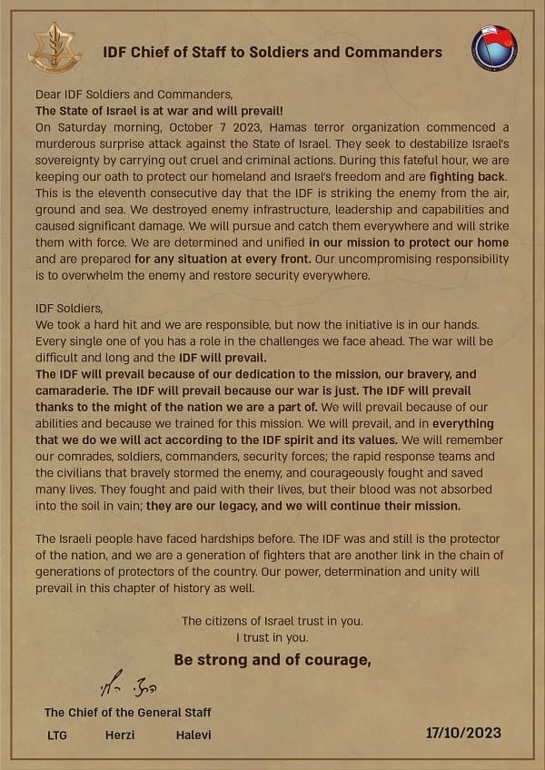 Letter from IDF Chief of Staff to soldiers and commanders, expressing resolve and mourning losses in the war.