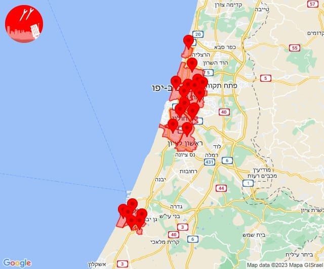 A map of Israel showing locations marked with red icons indicating areas affected by rocket fire after the 7th of October Hamas attack.