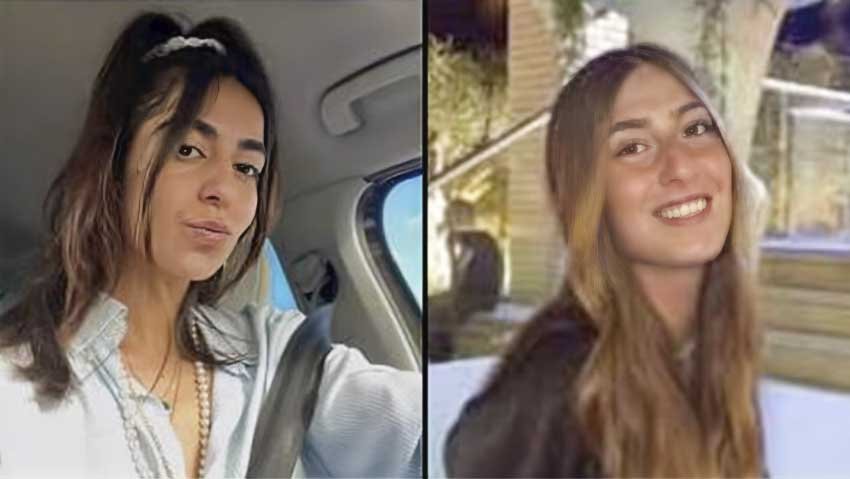 Two young women, victims of a Hamas attack in Israel on October 7, 2023, sit separately in car interiors, displaying contrasting expressions of somber reflection and gentle smiles.