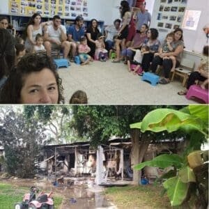 A before-and-after composite photo showing a happy group at a daycare graduation contrasted with the aftermath of a burned building.