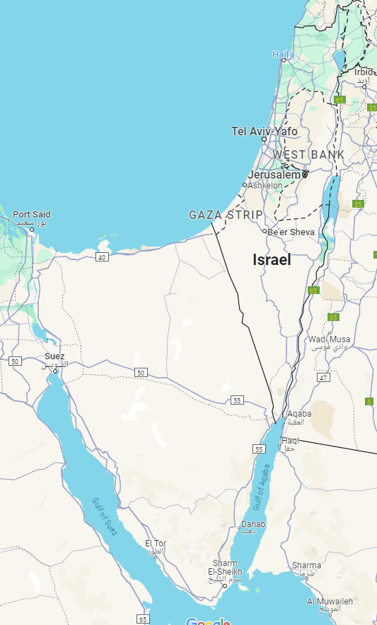 Map of Israel and surrounding regions, with Gaza Strip, West Bank, and neighboring countries highlighted.