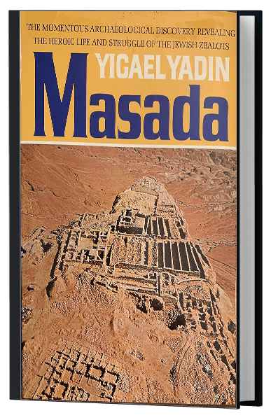 Book cover of "Masada" by Yigael Yadin, featuring an aerial photograph of the Masada fortress ruins with a backdrop of desert landscape.