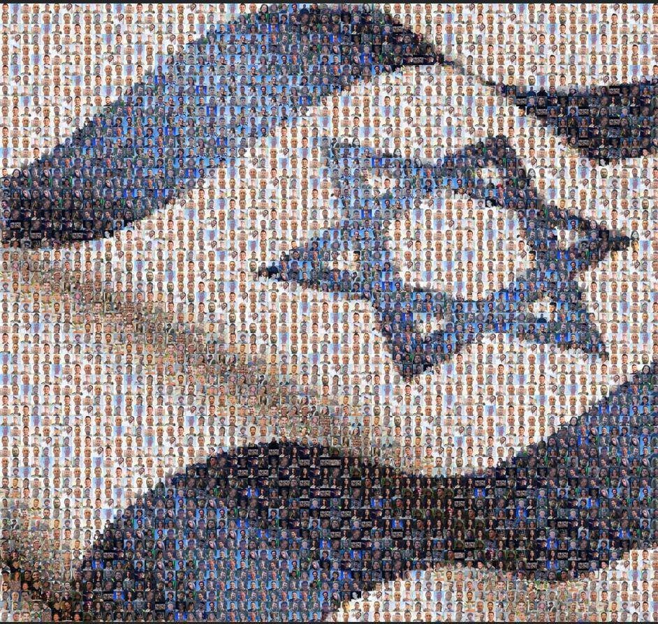 Mosaic of the Israeli flag composed of individual portraits, symbolizing lives lost.