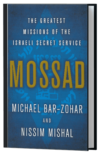 Book cover with bold gold lettering spelling 'MOSSAD' over a blue background featuring an emblem of the Israeli Secret Service, highlighting the theme of the book: 'The Greatest Missions of the Israeli Secret Service' by Michael Bar-Zohar and Nissim Mishal.