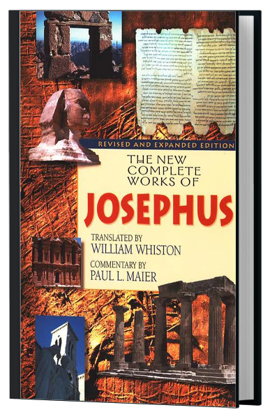 The New Complete Works of Josephus," featuring ancient ruins, a manuscript, and historical icons with the title in bold red and orange text.