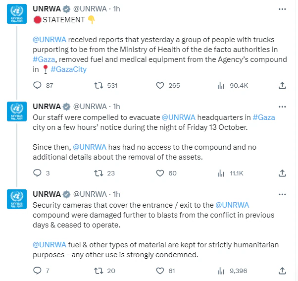 A series of tweets from UNRWA discussing the war Hamas declare on Israel.