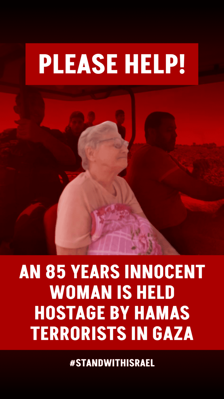 An elderly woman, Yaffa Adar, appears in a distressing red overlay, with a plea for help, after being held hostage by Hamas terrorists in Gaza.