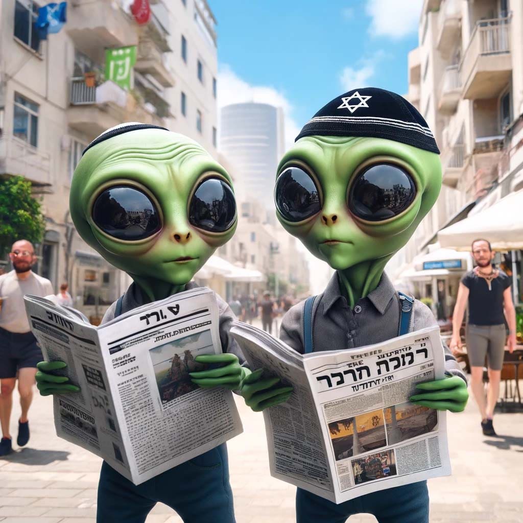 Two aliens wearing yarmulkes walking through the streets of Tel Aviv, holding Hebrew newspapers and exploring the cityscape with curiosity.