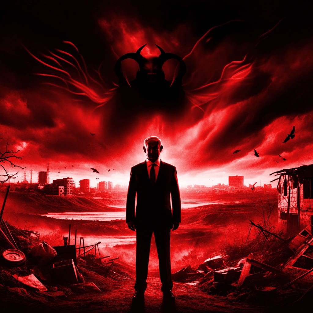 A dramatic scene featuring a silhouette of Benjamin Netanyahu standing before a backdrop of a desolate and neglected northern Israel, bathed in intense red hues. The sky is dark and stormy, and the landscape shows clear signs of destruction and neglect, with crumbling buildings and barren land. A menacing figure with dark wings looms in the background, symbolizing the 'angel of destruction.