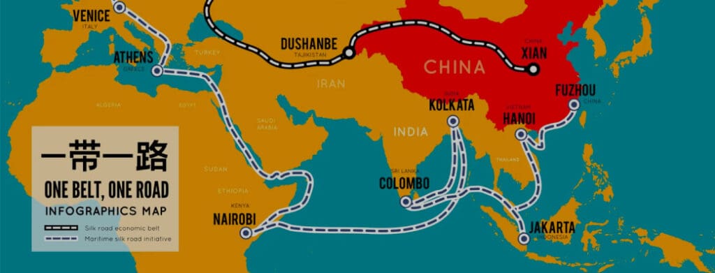 Map of China's One Belt, One Road initiative showing the Silk Road Economic Belt and Maritime Silk Road connecting major cities across Asia, Africa, and Europe.