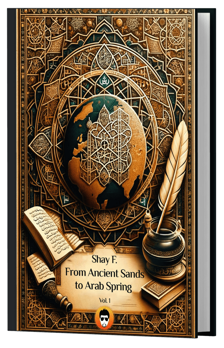 Elegant eBook cover featuring intricate Islamic geometric patterns in gold over a navy globe, with a feather quill and inkpot, symbolizing scholarly work. The title reads 'Born In Israel: From Ancient Sands to Arab Spring', part of the Unmasking the Enigma series.