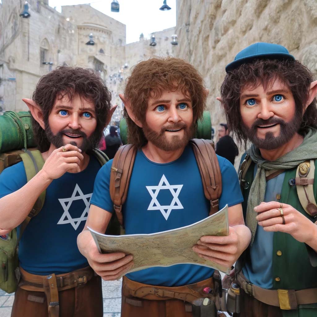 Three hobbit-like characters exploring the Old City of Jerusalem. Each hobbit has distinct features and outfits, wearing backpacks and holding maps, with the iconic stone architecture of Jerusalem in the background.