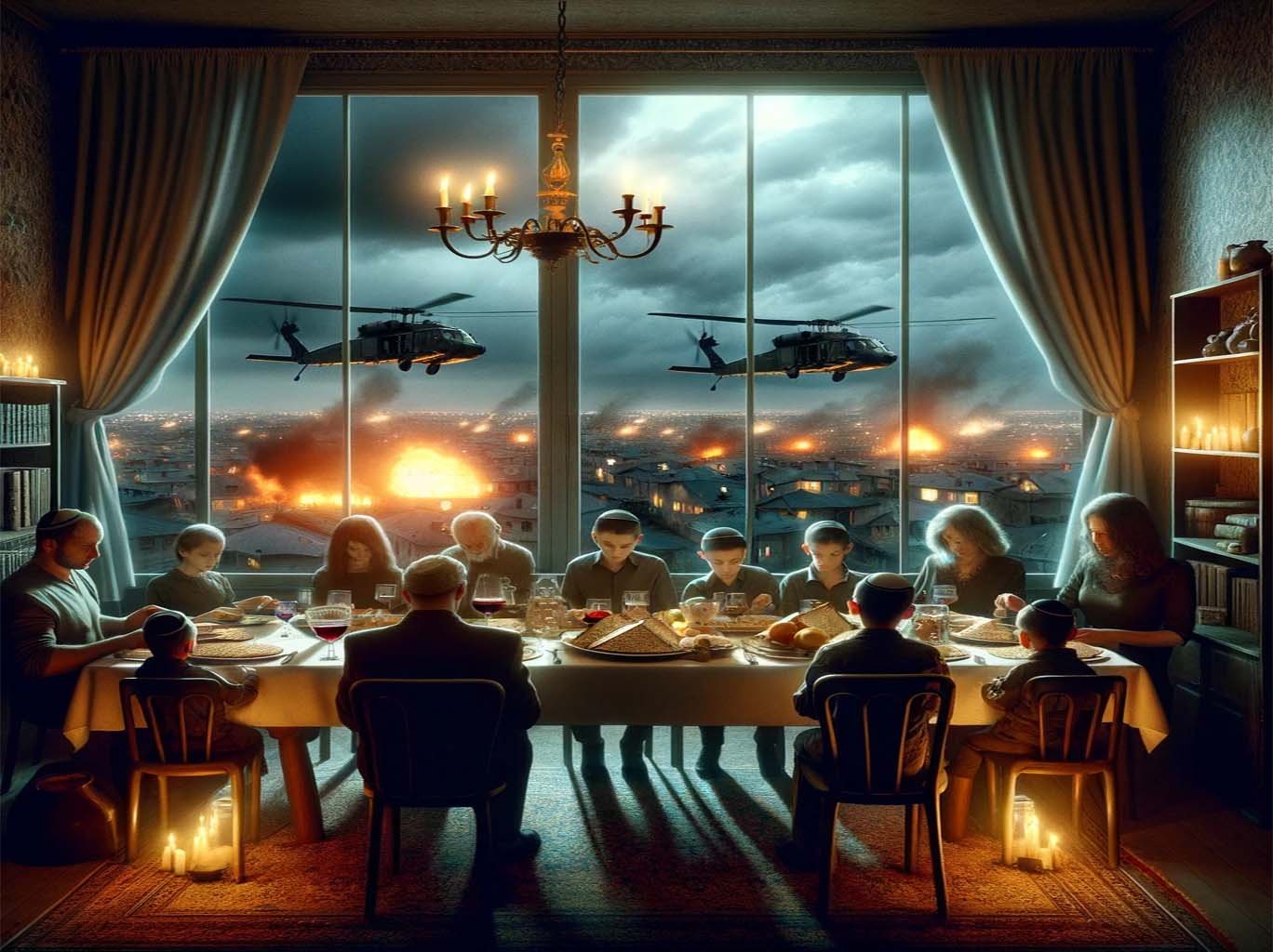 A family celebrating Passover in a dimly lit room with traditional Passover elements on the table, while outside the window, distant explosions and military helicopters can be seen.