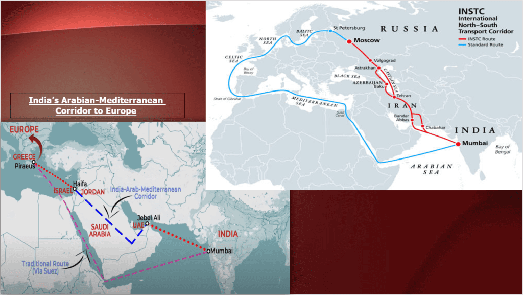 Map illustrating India's Arabian-Mediterranean Corridor to Europe, highlighting the strategic trade routes connecting India, UAE, Saudi Arabia, Israel, and Greece.